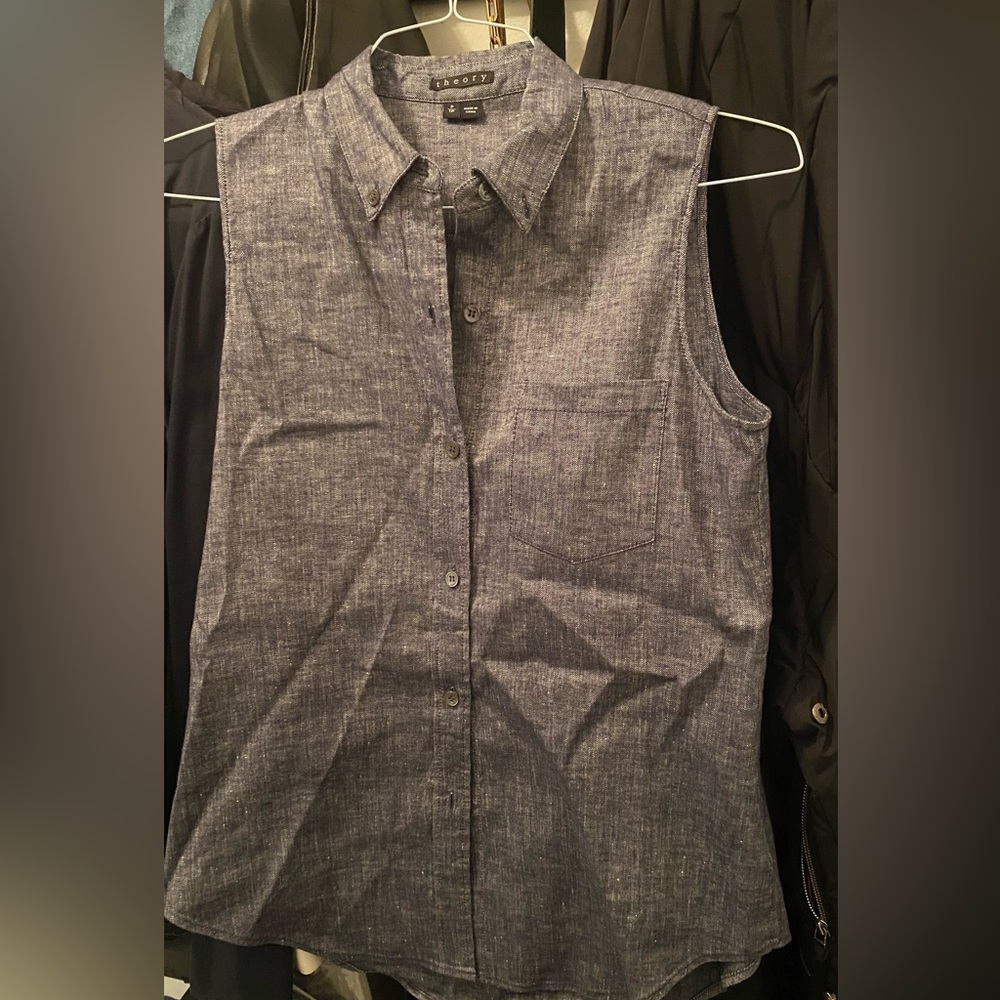 Indigo, sleeveless, linen button down blouse with collar